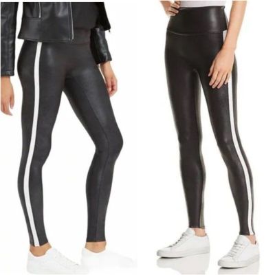 Spanx Faux Leather Tuxedo Stripe Shapping Stretchy Support Leggings L Loungewear